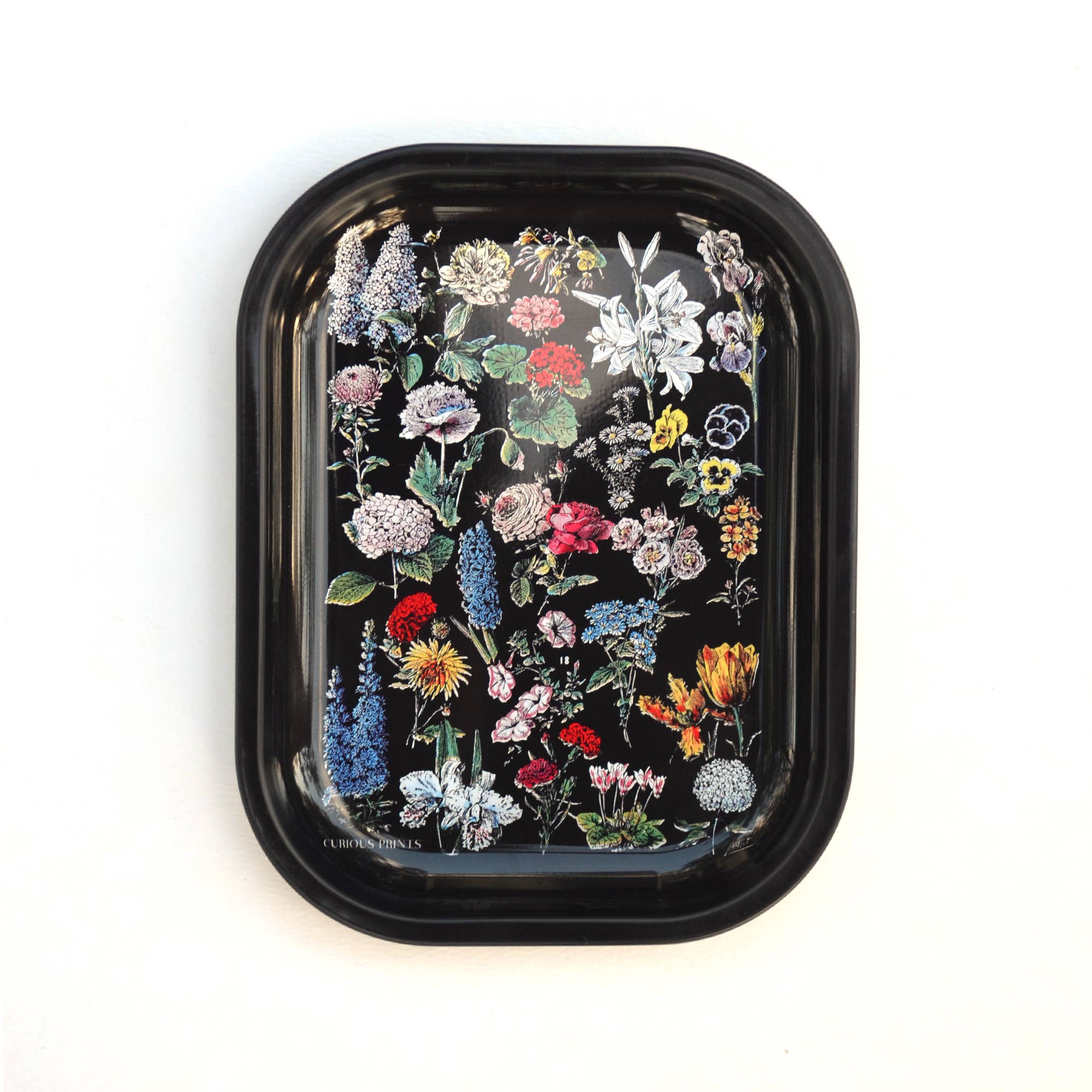 Curious Prints - Small Metal Black Fleurs Tray / Vintage Flower Floral Print