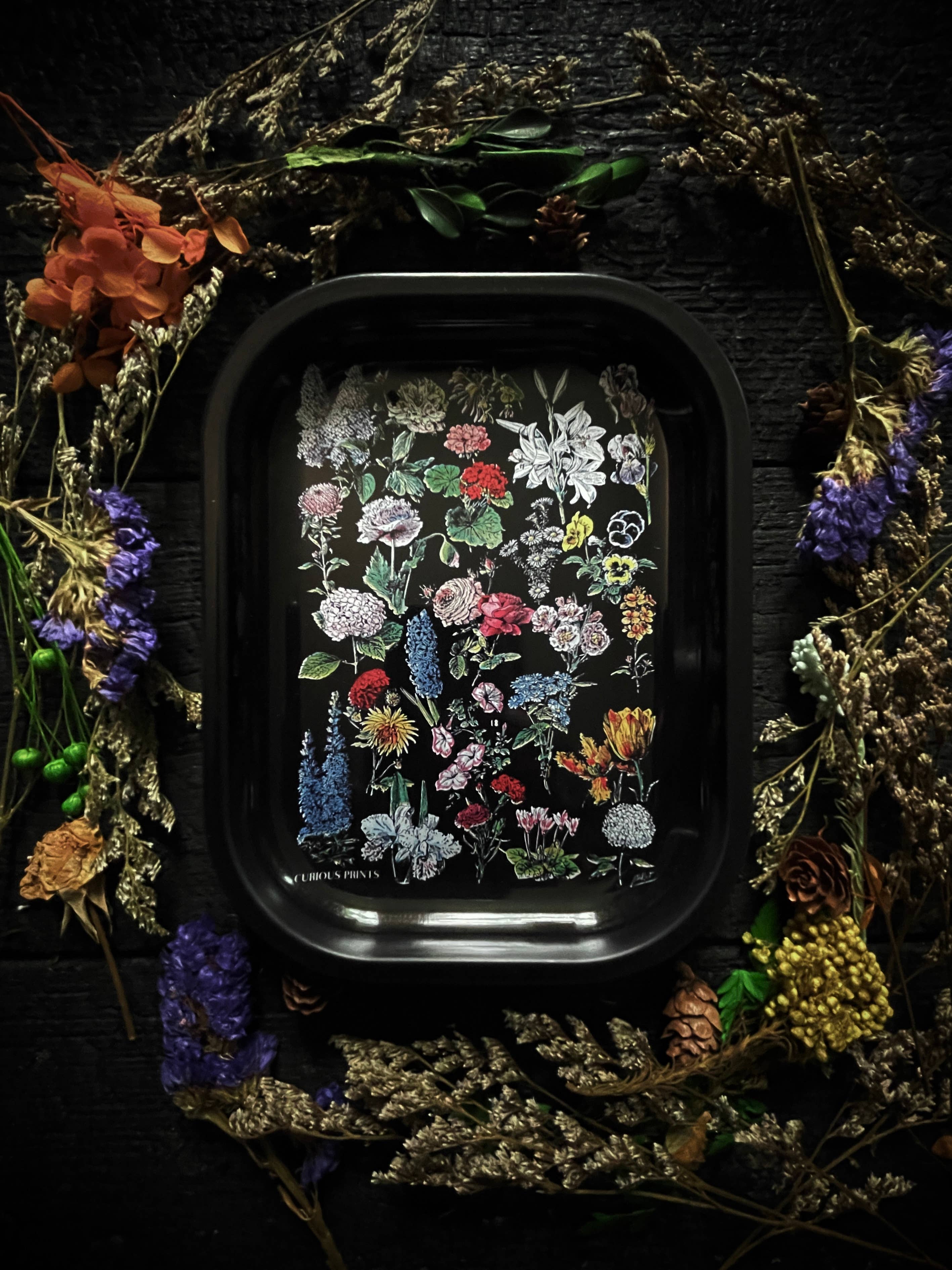Curious Prints - Small Metal Black Fleurs Tray / Vintage Flower Floral Print - Image 4
