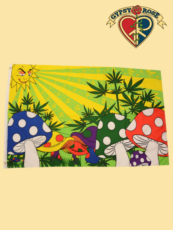 Sunny Delight Mushrooms and Leaves Flag